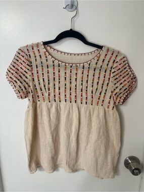 THML Embroidered Short-Sleeve Peasant Top Neutral Garden Summer Gauzy Cottage